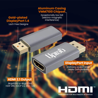 A gray HDMI adapter with gold-plated connectors, shown on a dark fiery background with callout text highlighting features like gold-plated DisplayPort 1.4, aluminum casing, HDMI 2.