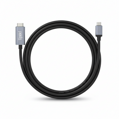 Black cable with silver connectors on a white background